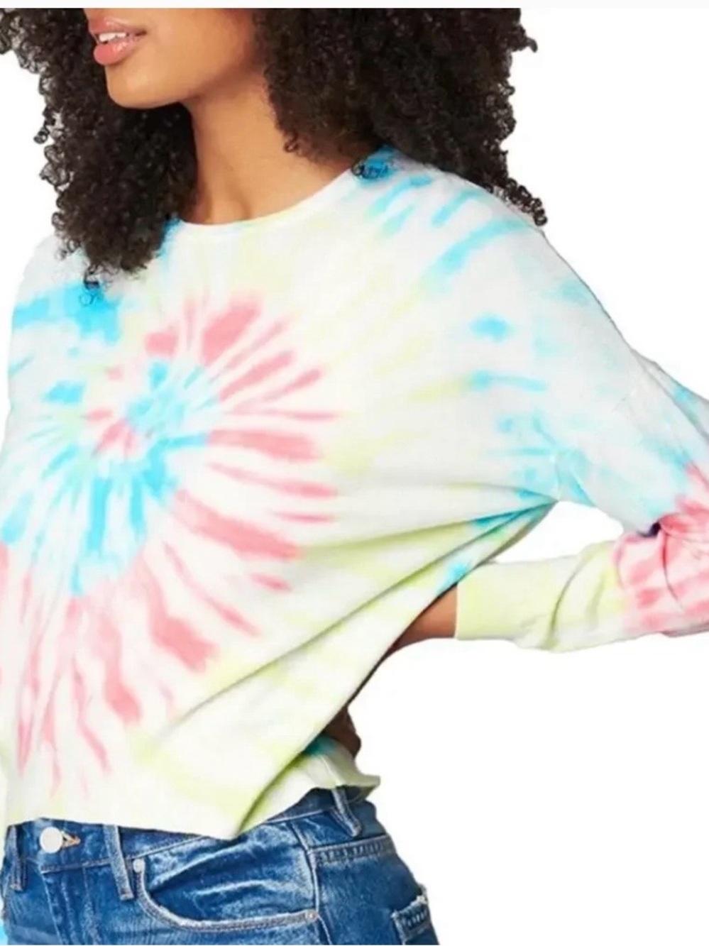 Blank NYC Tie-Dye Crewneck Cropped Sweater - Pink, Blue & Yellow Size XL